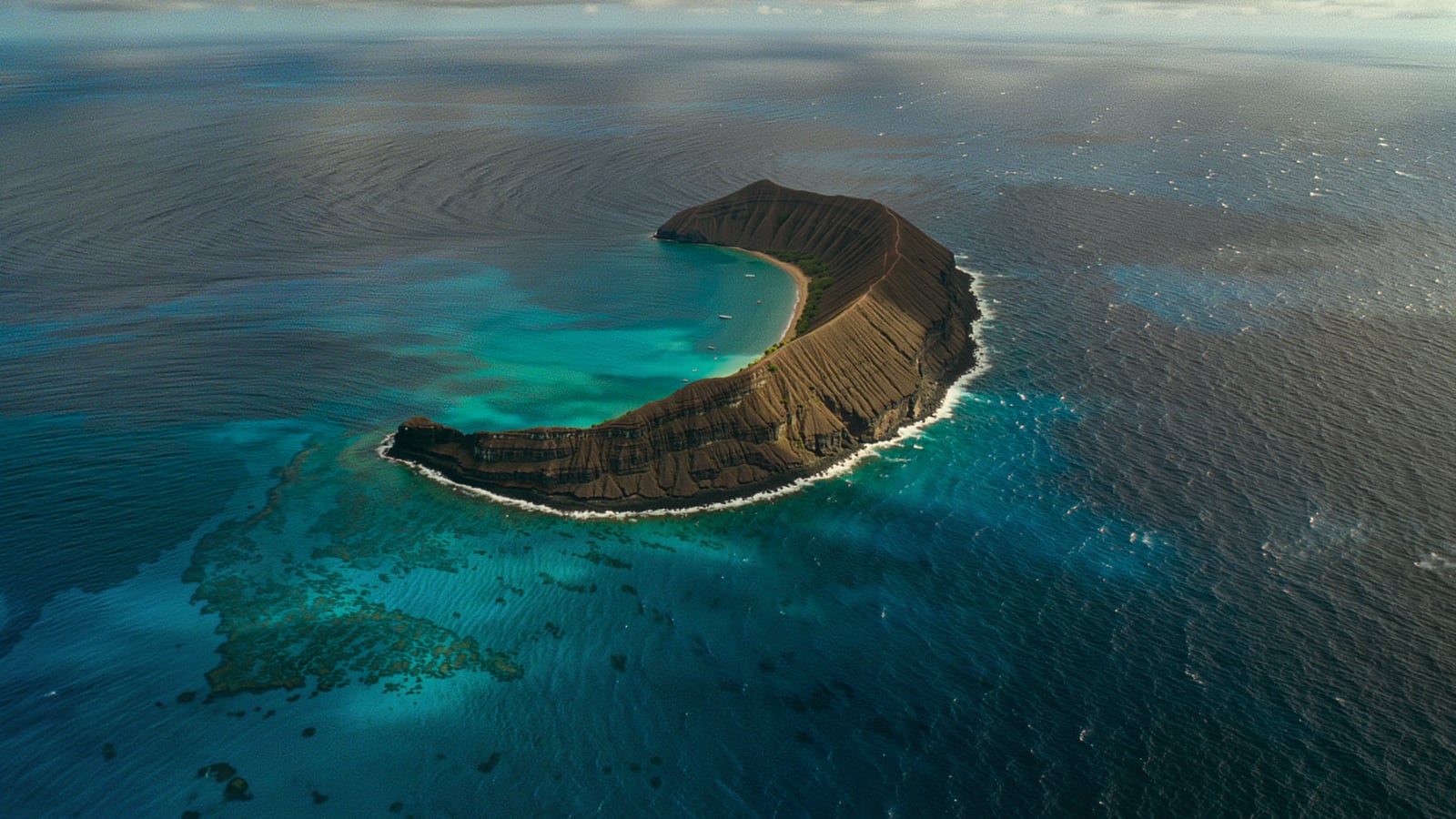 Molokini crater ringed by turquoise water off Maui