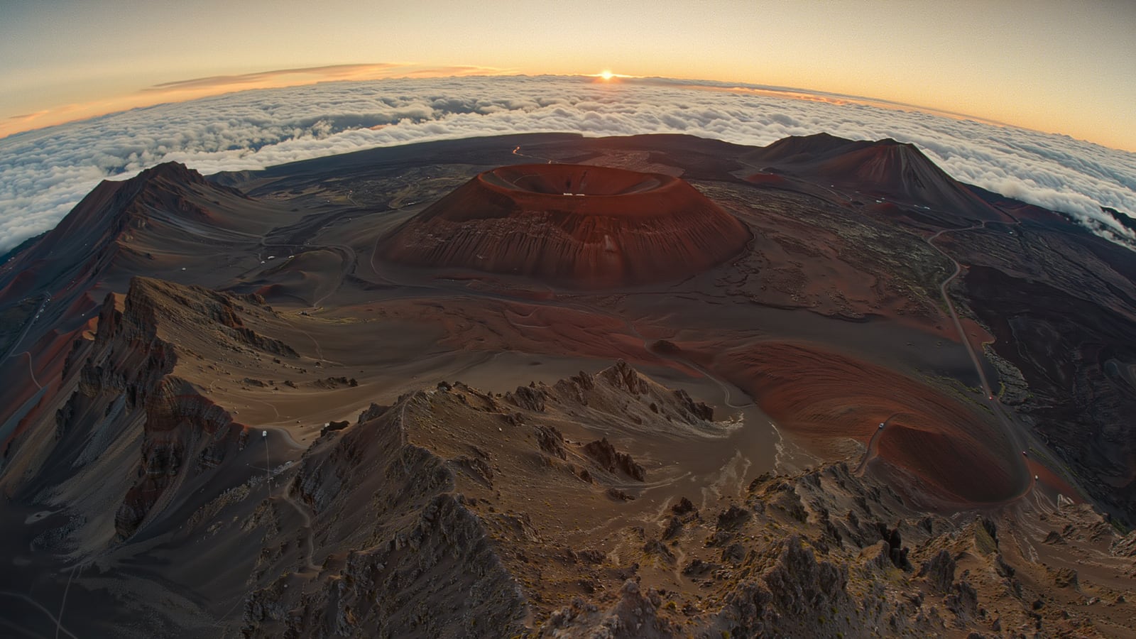 The volcanic summit of Haleakala above a sea of clouds at dawn, Maui