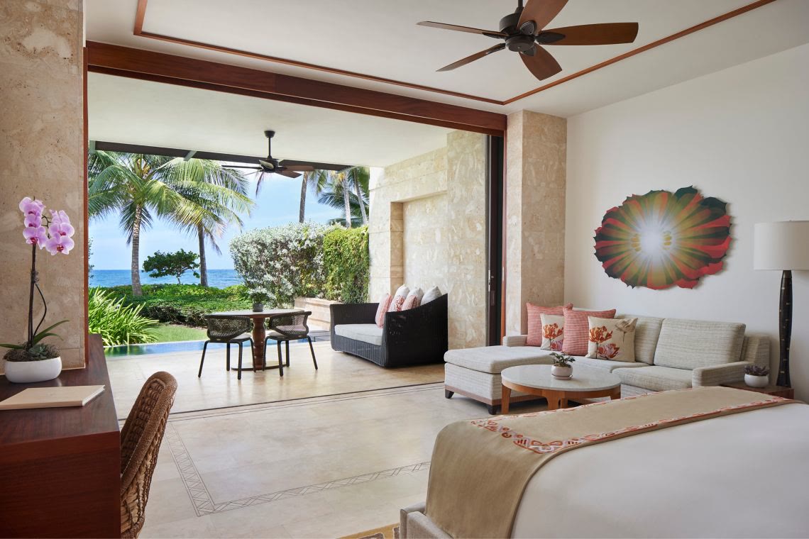 West Beach Plunge room opening to its private plunge pool, Dorado Beach Reserve