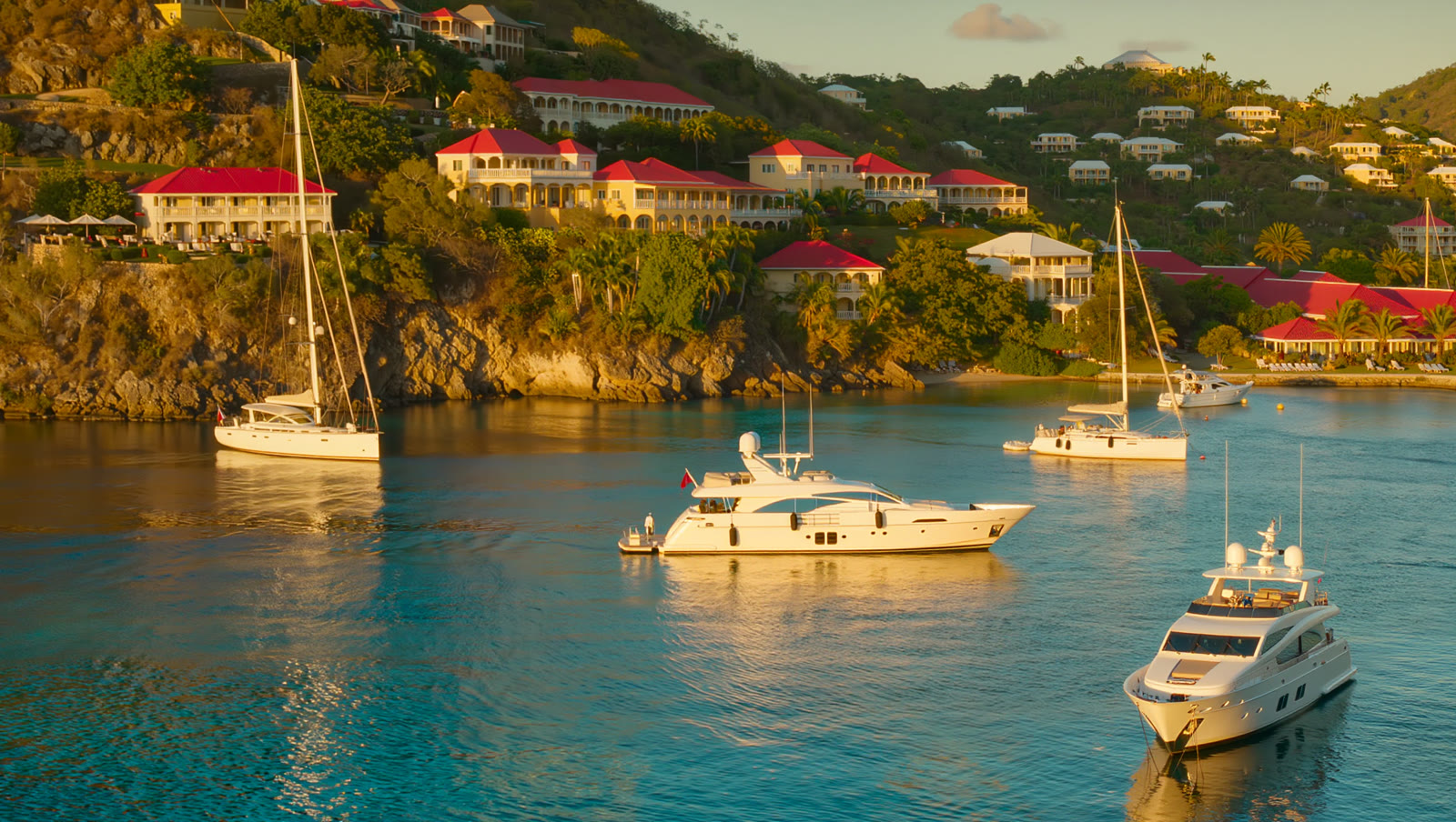 Yachts at anchor off Gustavia, St. Barths, in late light