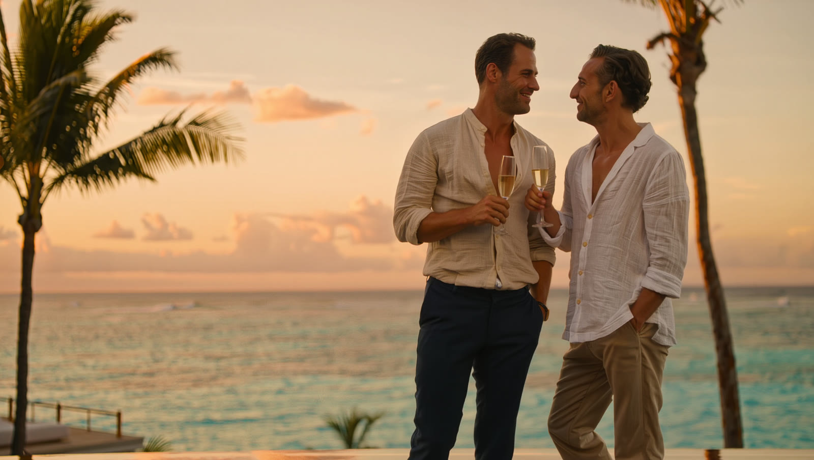 A couple toasting at a Puerto Rico oceanfront resort at golden sunset