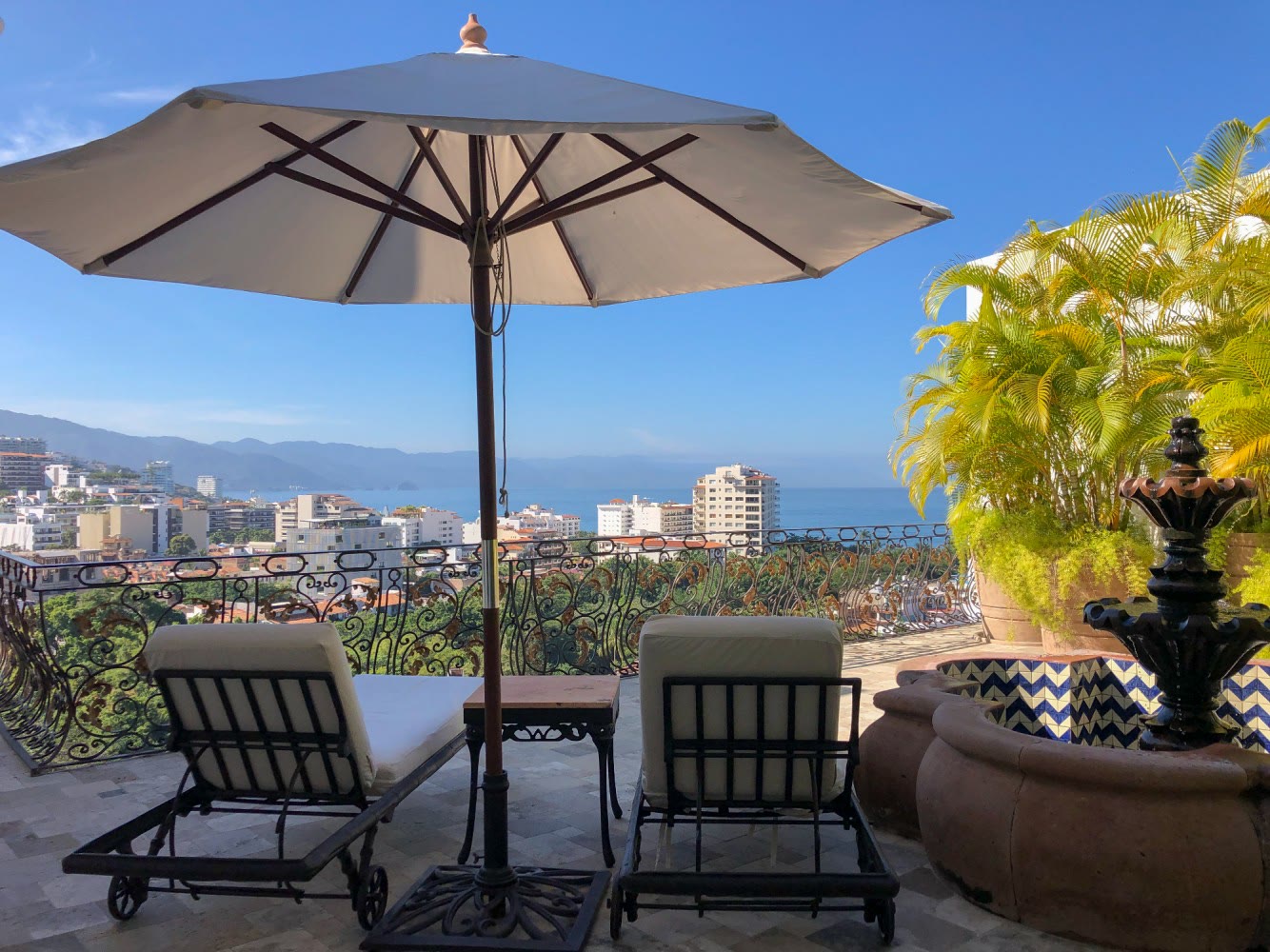 A terrace over Banderas Bay at Casa Kimberly, Puerto Vallarta