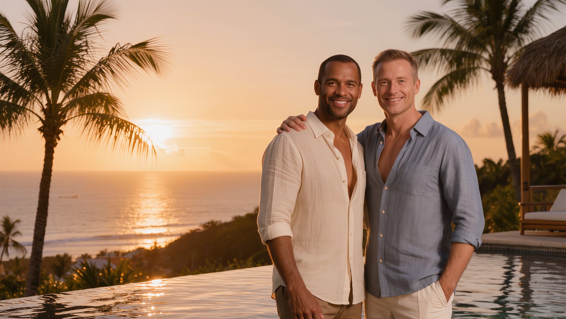 A couple together at a Pacific resort at golden sunset