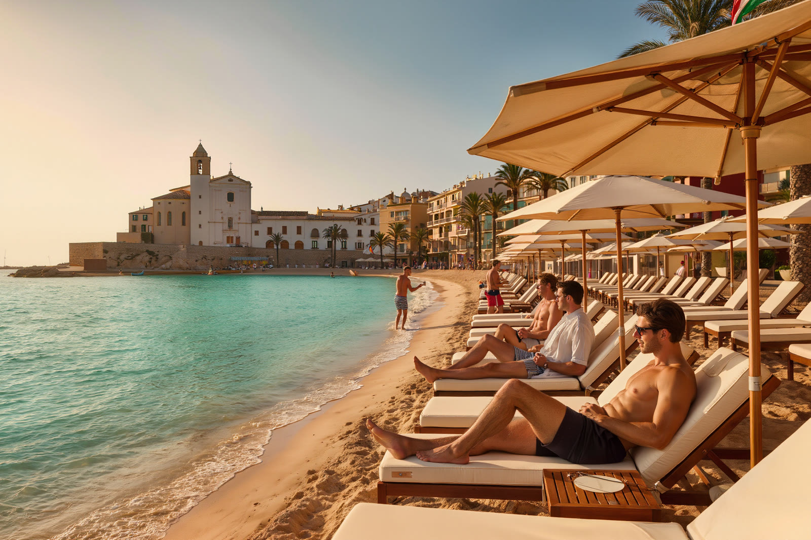 The beach at Sitges with the old town church above the bay
