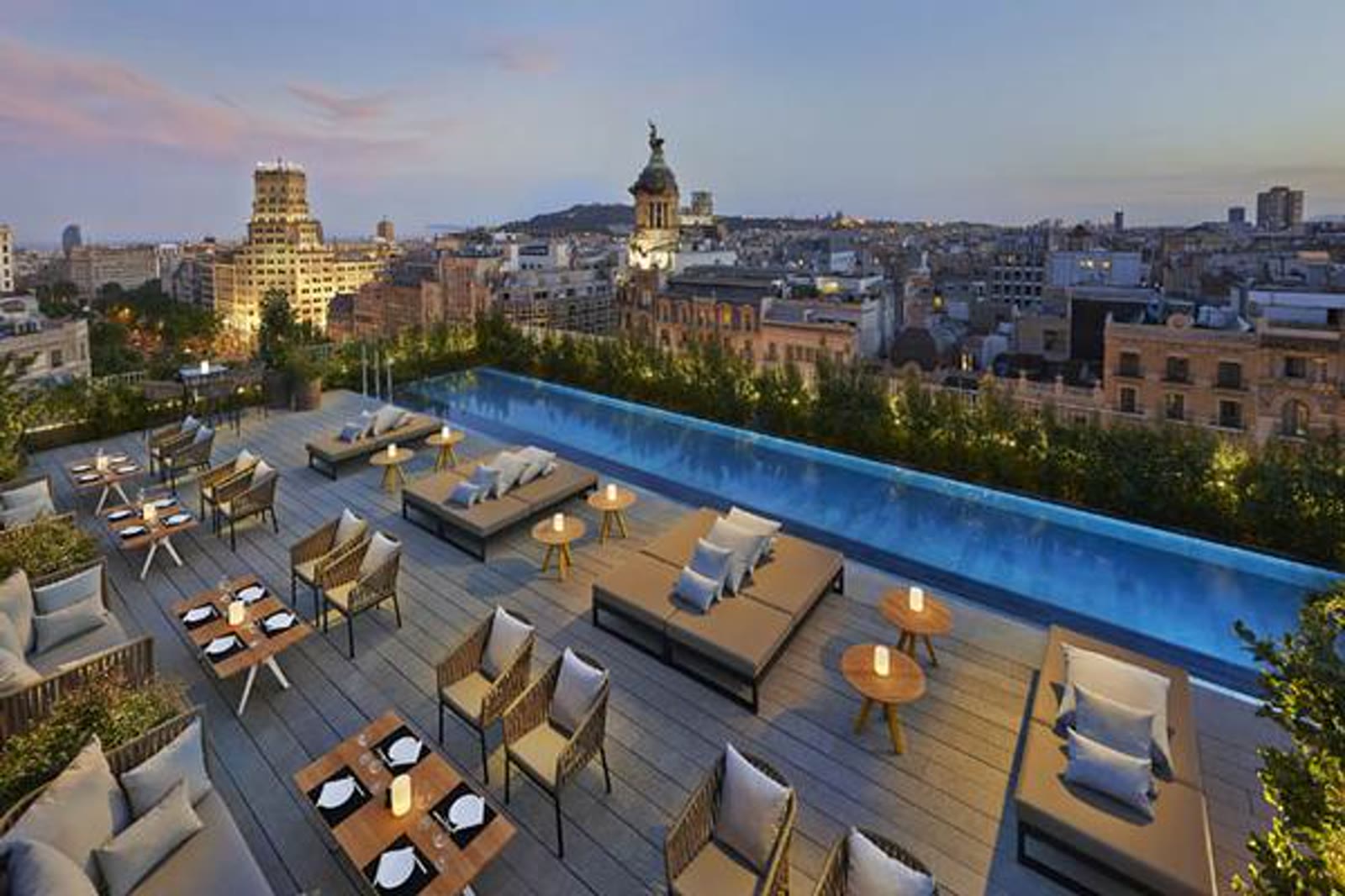 The rooftop terrace at dusk at the Mandarin Oriental, Barcelona
