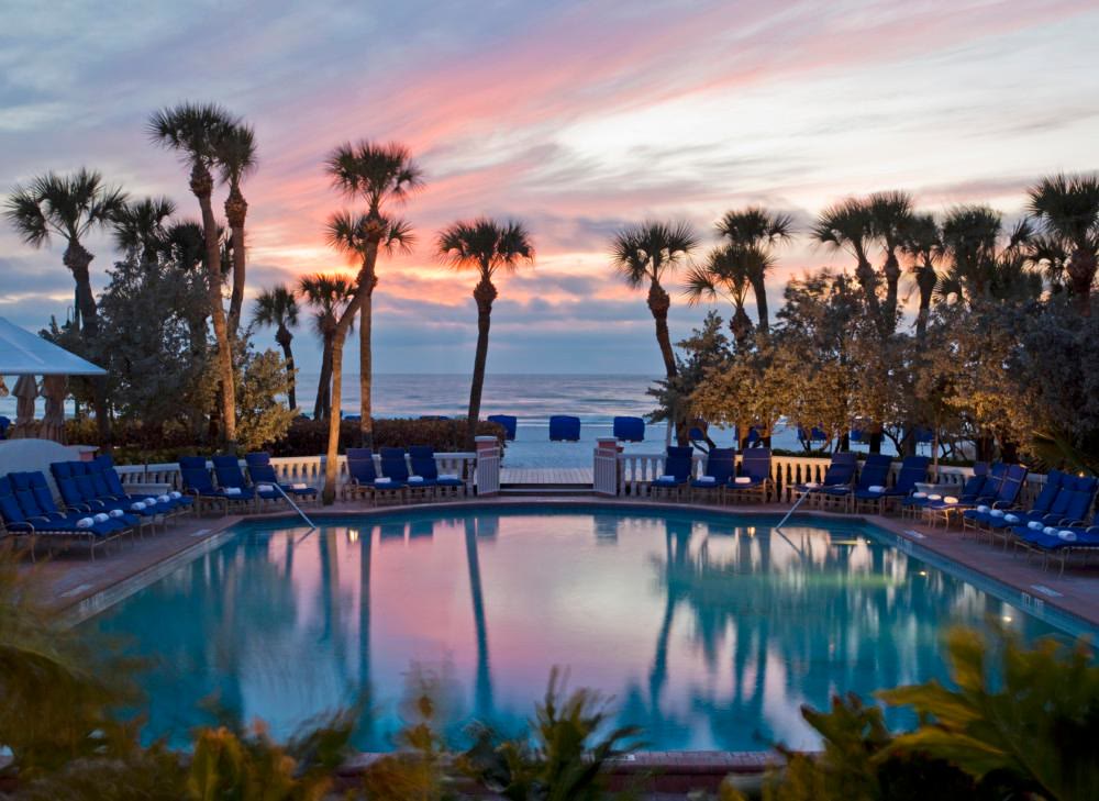 The Gulf-front pool at sunset at The Don CeSar