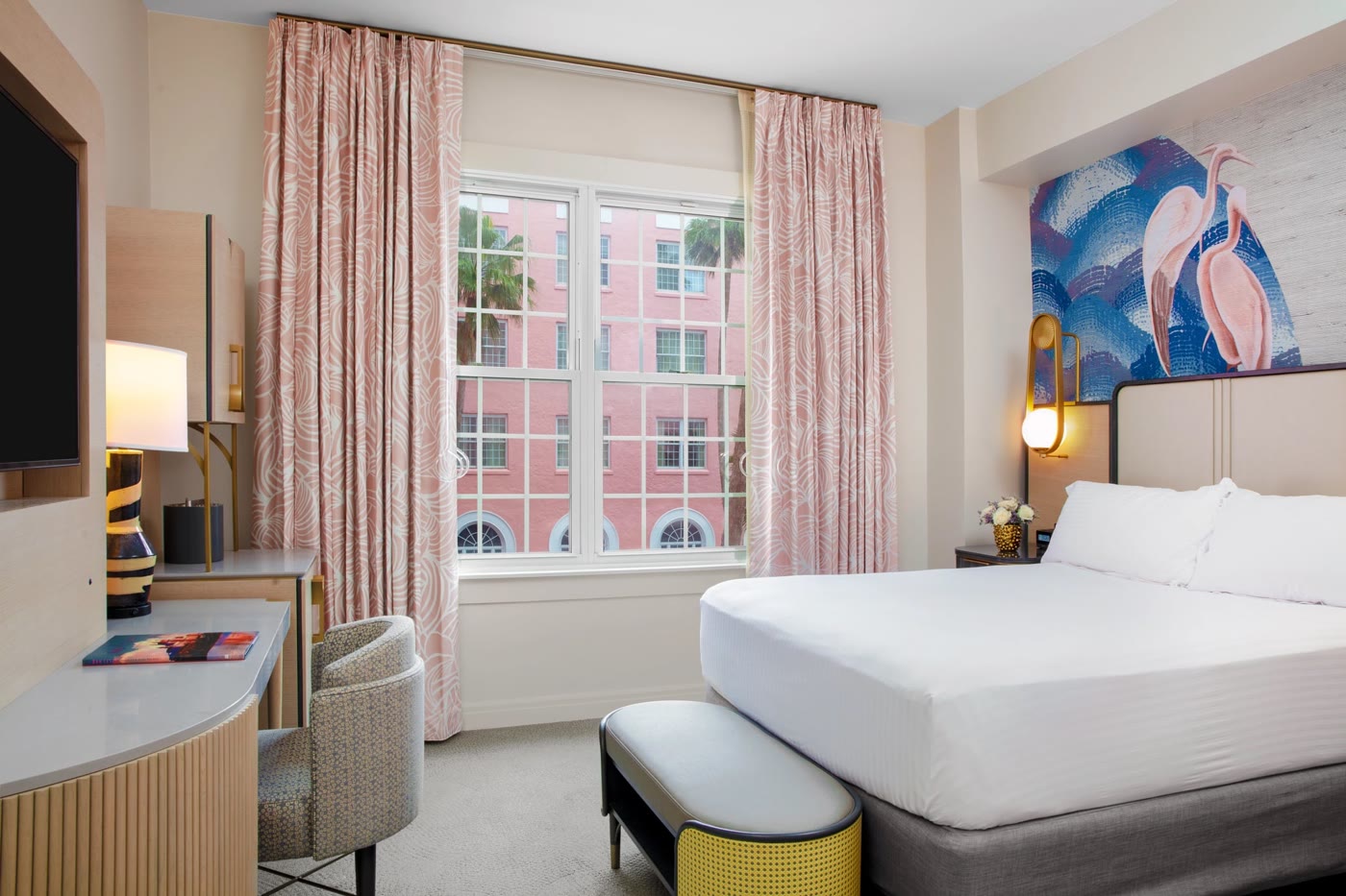 A redesigned King room at The Don CeSar with a view of the pink palace