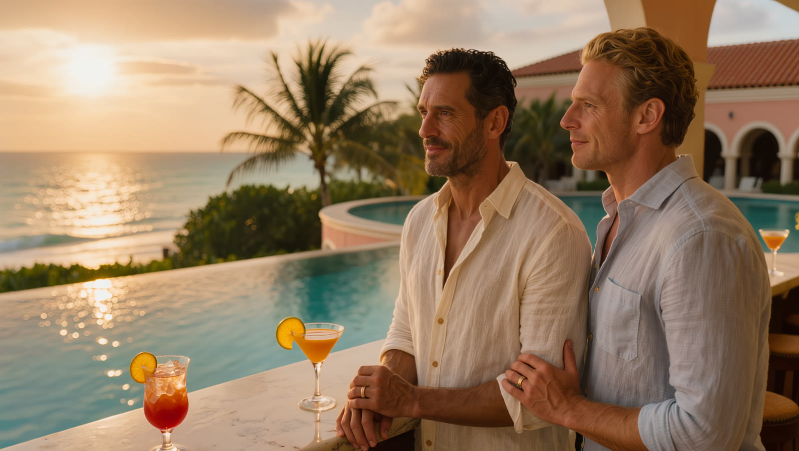 A couple with cocktails at a poolside bar looking out to the Gulf at sunset in St. Pete Beach