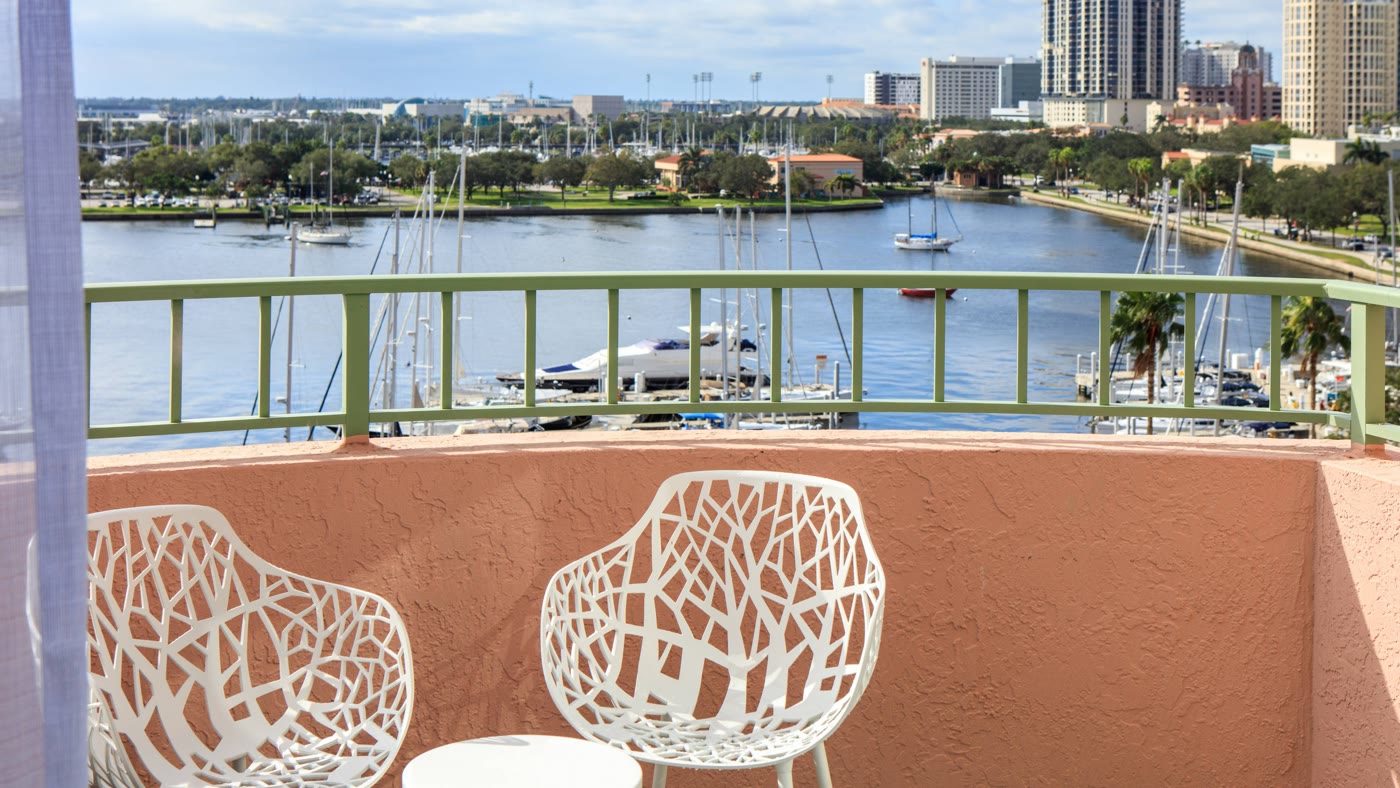 A bay-view balcony over the marina at The Vinoy, St. Petersburg