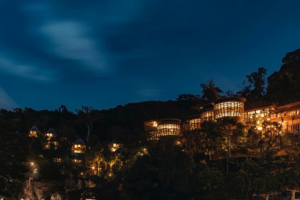 Keemala resort on the hillside above Kamala at night