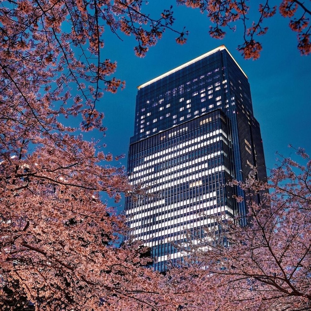 The Mandarin Oriental Tokyo tower under cherry blossom