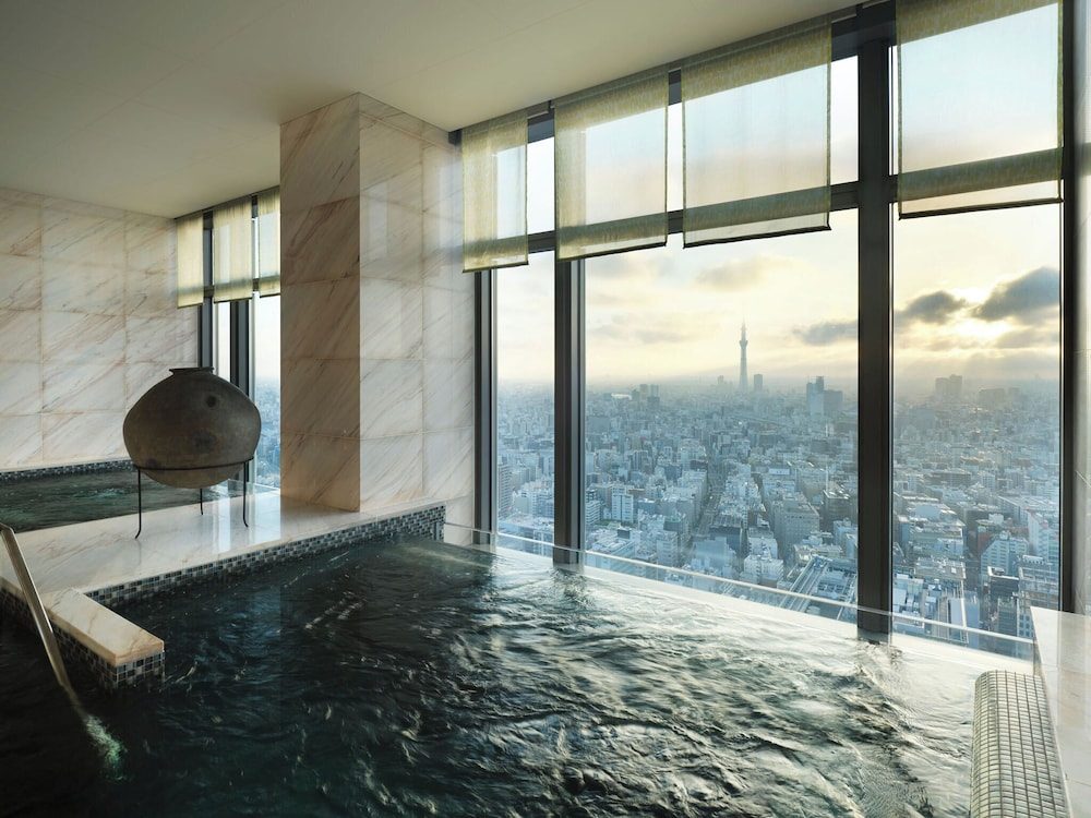 The spa pool at Mandarin Oriental Tokyo over the city