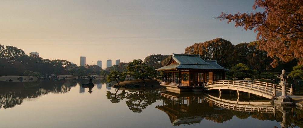 A classic Japanese strolling garden with a pond and tea house, Tokyo