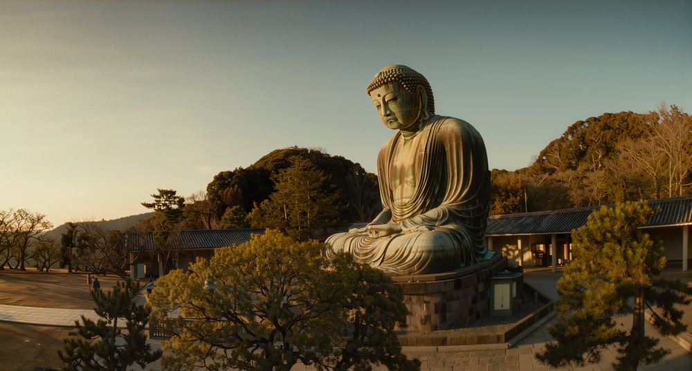The great bronze Buddha of Kamakura seated among trees