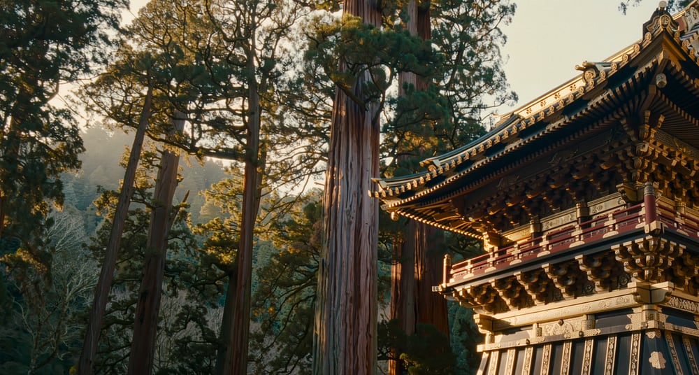 The gilded Yomeimon gate of Toshogu shrine among cedars, Nikko